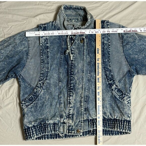 Vintage 80's Acid Wash Denim Bomber Jacket With Ribbed Hem Unisex 18W Distressed - Picture 2 of 11